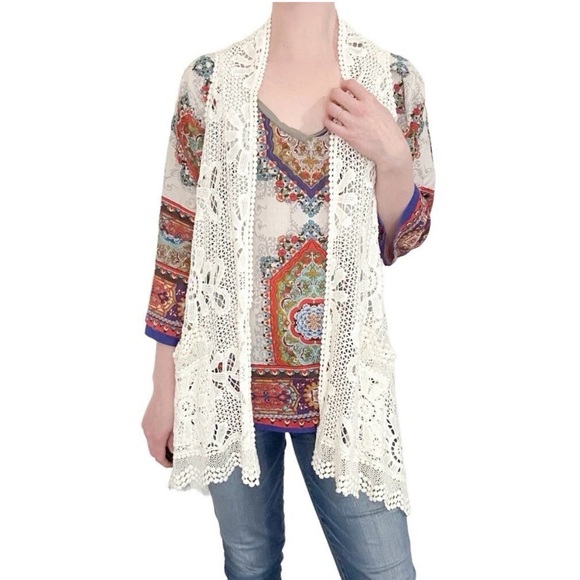 Johnny Was Jackets & Blazers - Johnny Was Small Crochet Lace Floral Boho Vest Ivory White Jacket Sleeveless Top